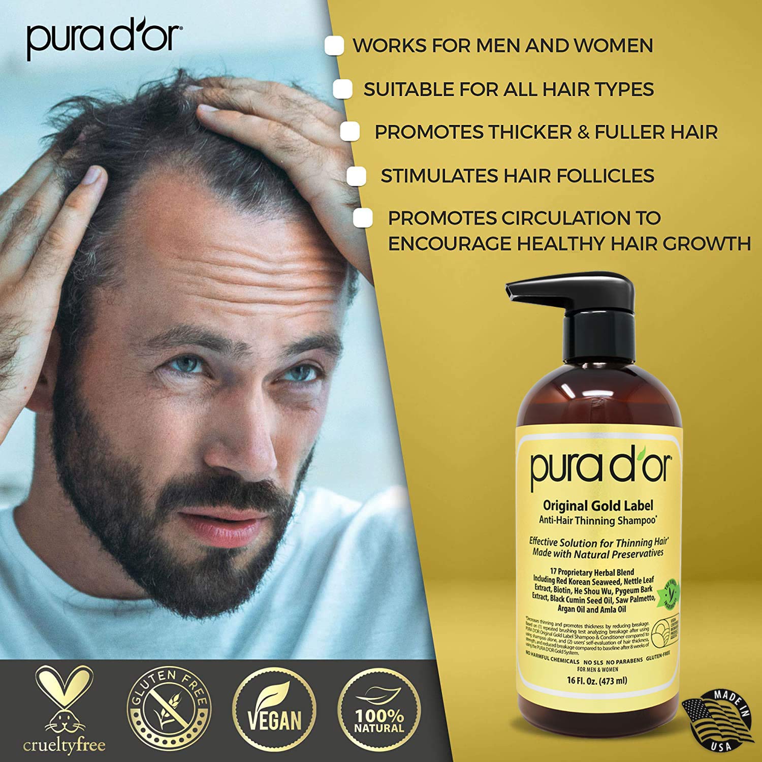 PURA D'OR Biotin Original Gold Label Anti-Thinning Shampoo & Conditioner  Set (16oz x 2) - JJ Gold International